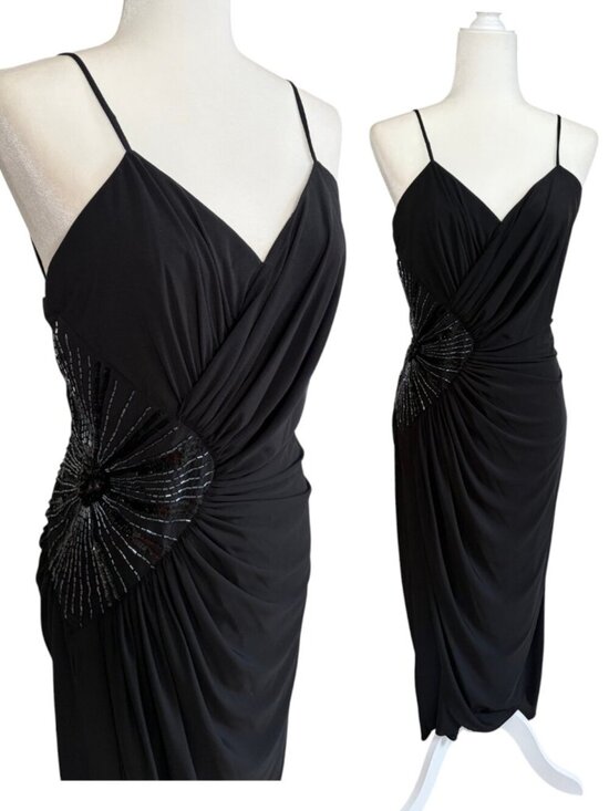 Vintage Dresses & Skirts - Vintage Rimini Black Ruched Beaded Cocktail Dress 1990s Draped Midi Dress Medium